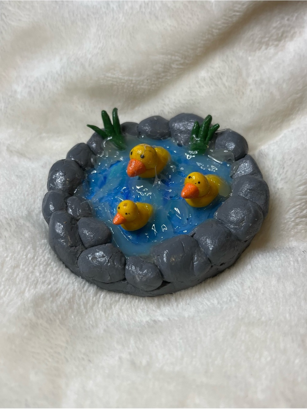 Hand Crafted Yellow Duck Pond Aquarium Accent with Gray Stones and Blue Water